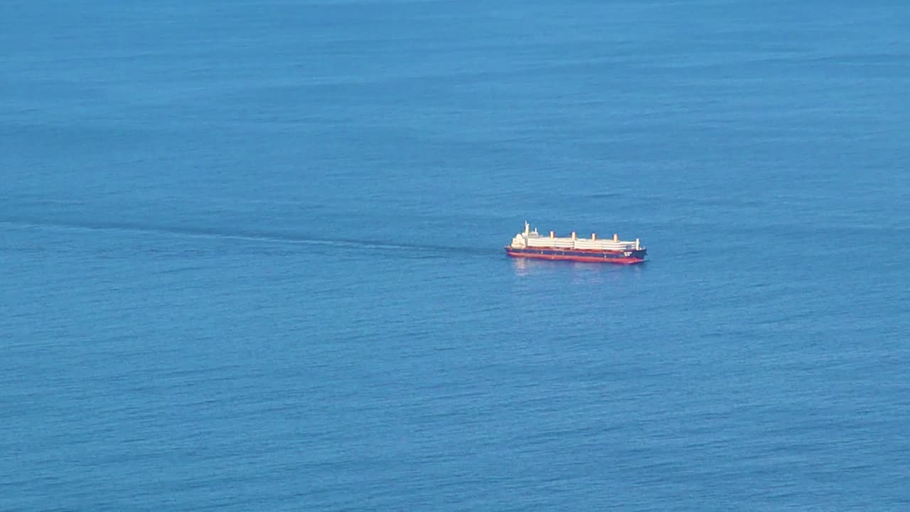 멀리 푸른 바다에서 화물 선박의 느린