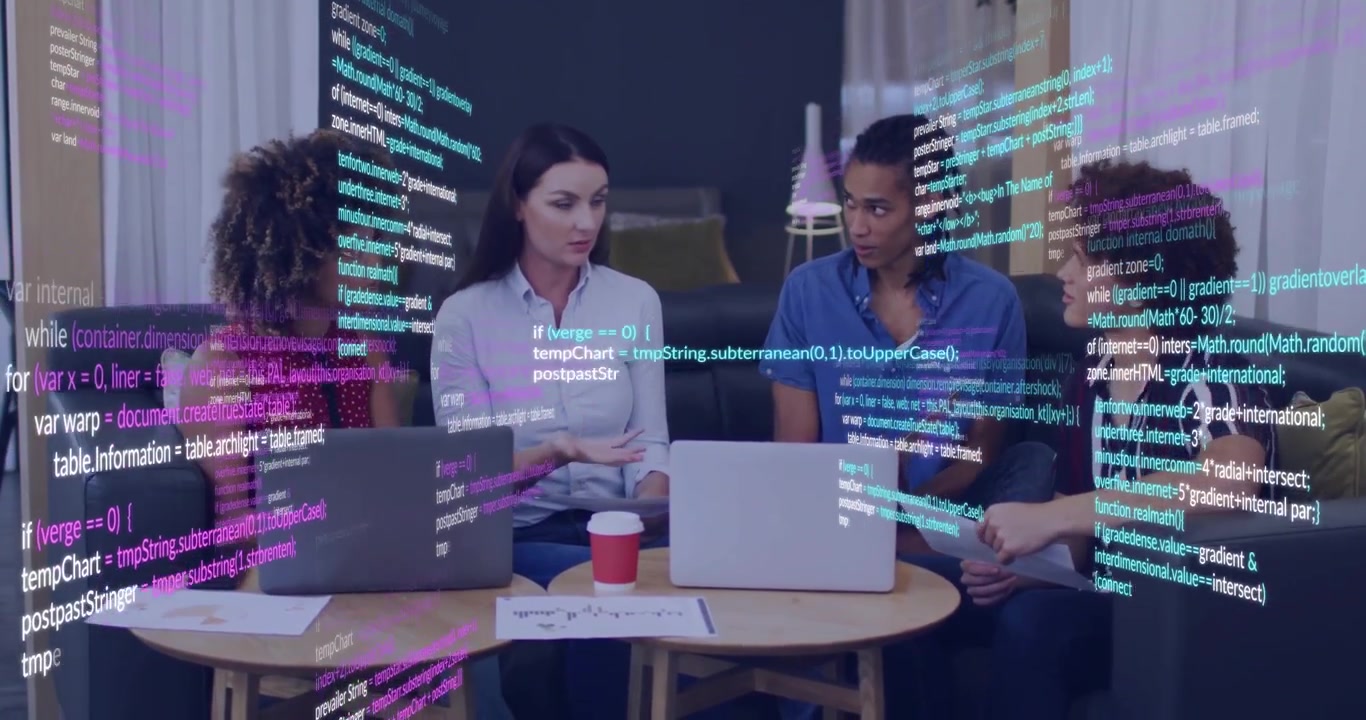 Lead talking, group using laptops and docs, teal magenta code overlaying scene, driving tech work
