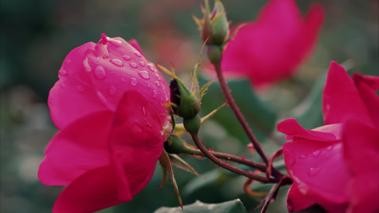 Close up of pink roses with water drops in a garden
