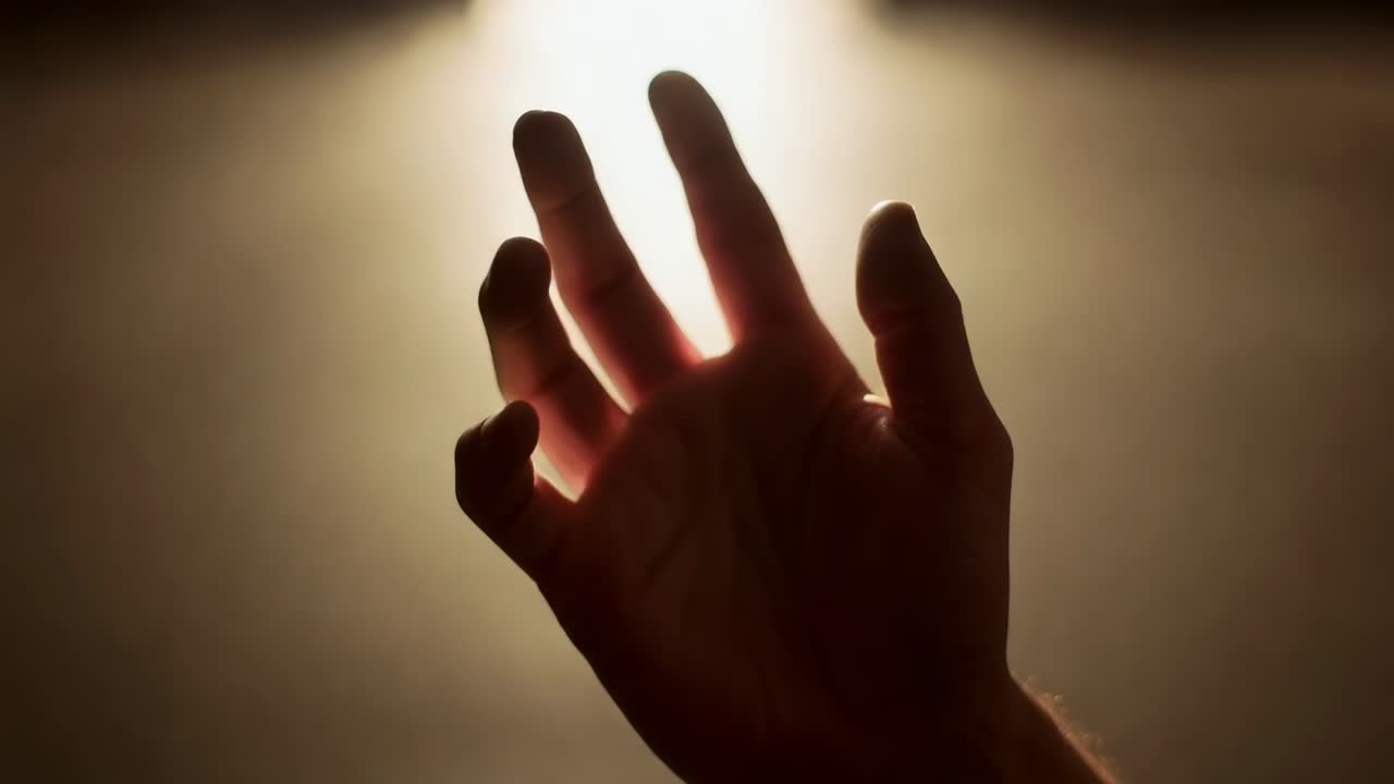Mano umana alzata verso una luce intensa su una parete calda, animazione che rivela ossa scheletriche luminose
