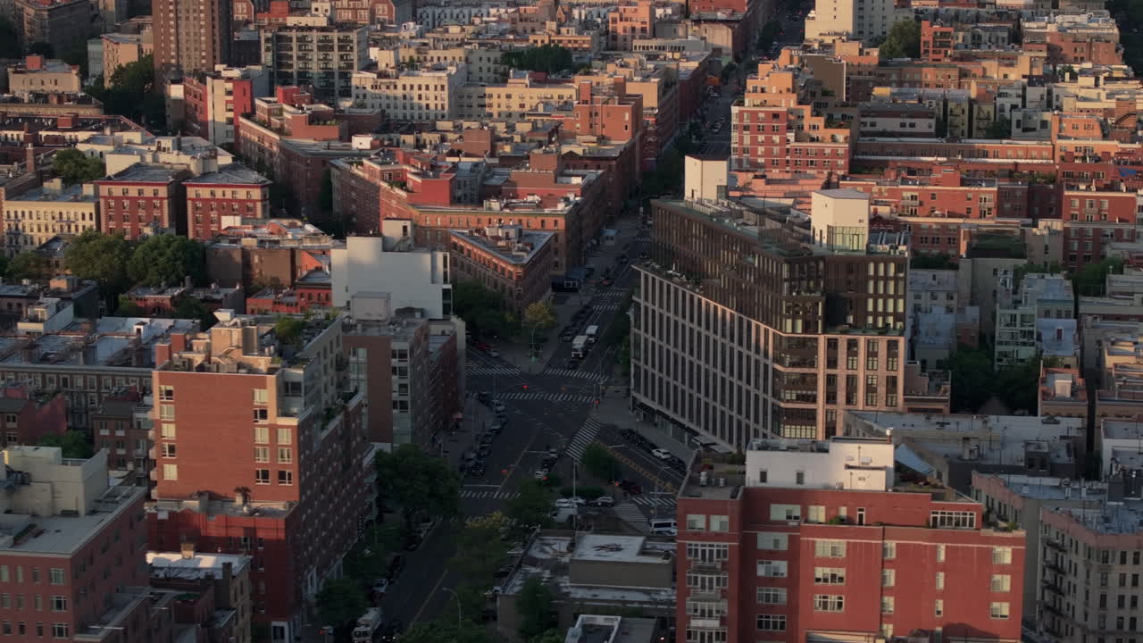 Aerial view of Harlem at sunrise. Shot in New York City