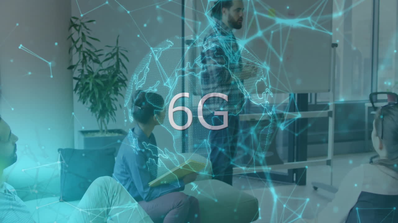 Male presenter using whiteboard and team discussing tech plans in open office with 6G globe