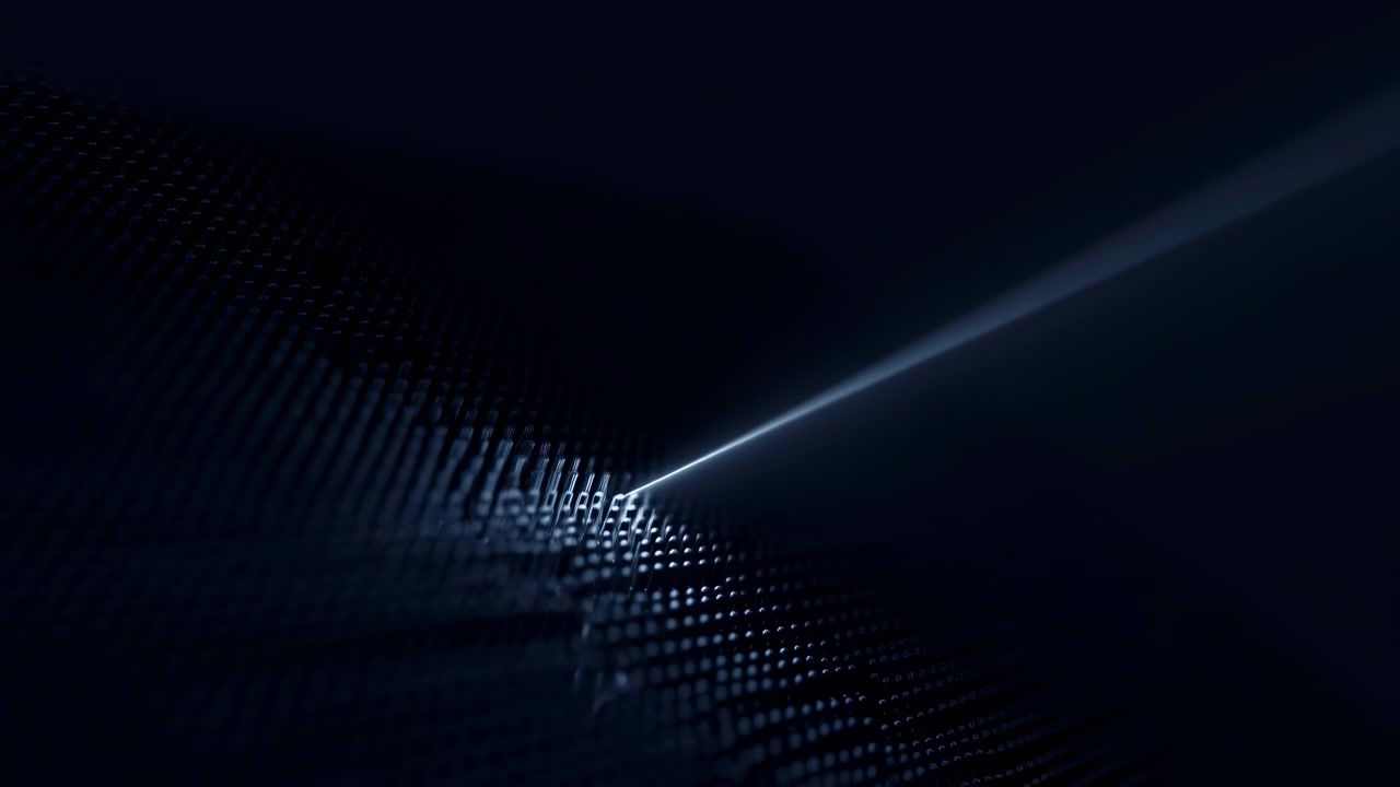 A thin luminous beam cuts across a dark abstract surface with subtle dotted data-like patterns, creating a moody futuristic background with cool blue