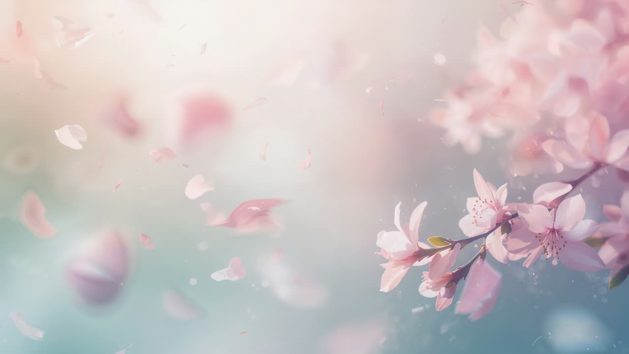 Cherry branch shedding pink petals drifting left across pastel garden, gentle breeze, copy space