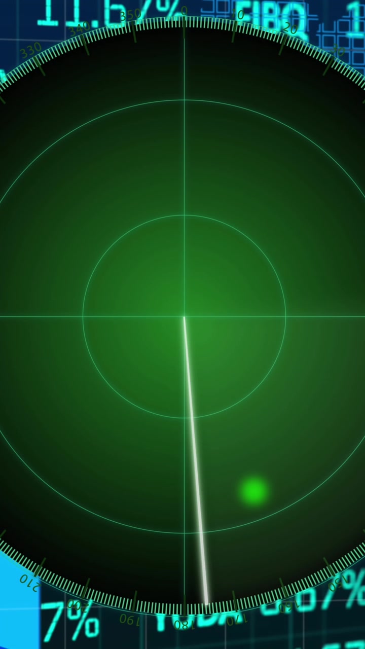 Animation af mål på radarskærm over søjlediagram, firkanter danner kort mod handelsboard.