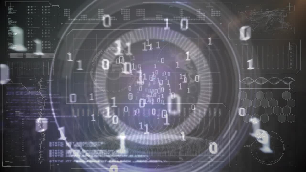 Animation, 3D-optagelse af cirkulære mønstre med binære 0- og 1-taller.