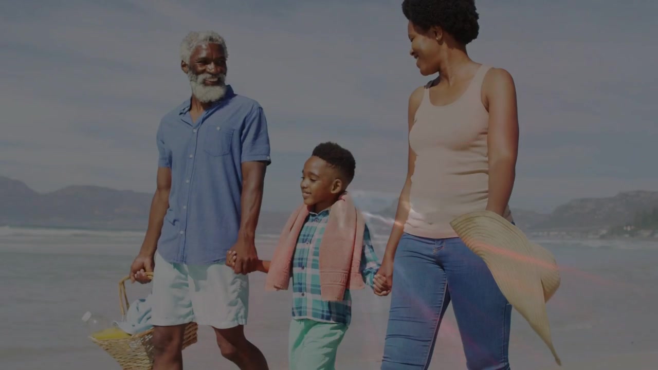 Family holding hands walking beach, red overlay pulsing, camera closing in, carrying basket for ads