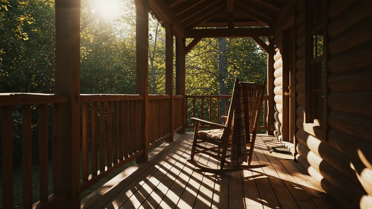 Cozy Cabin Porch with Rocking Chair in Sunlight