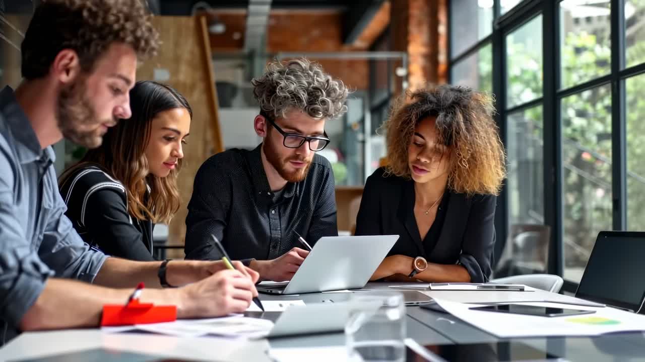 A group of professionals collaborates around a table, captured from a side angle, in a modern office