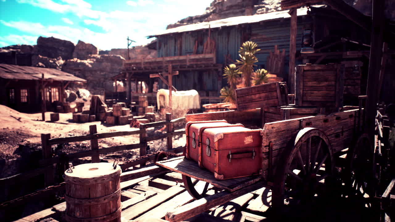 Rustic wooden cart with luggage in a desert western town during daylight