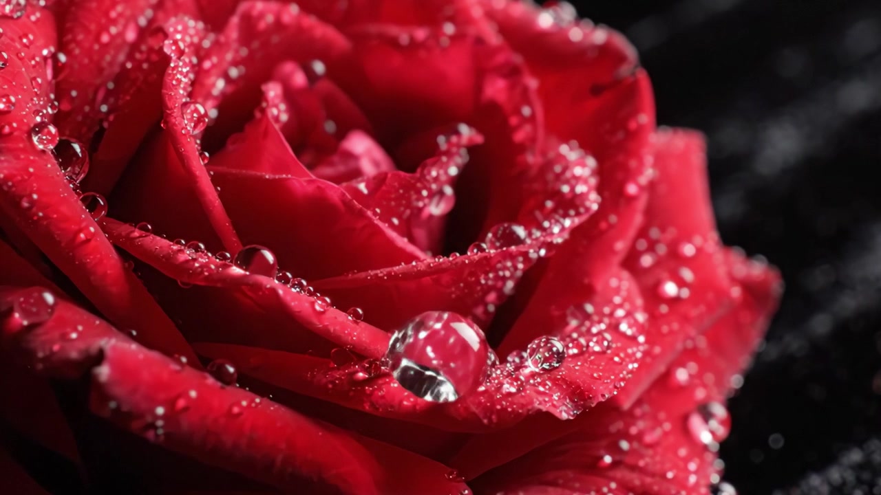 Une vue rapprochée époustouflante d'une rose rouge couverte de rosée, capturant les pétales exquis et les couleurs éclatantes rehaussées par des gouttelettes d'eau sur un fond sombre.