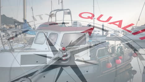 animación de la brújula con flecha que señala el texto de calidad sobre el barco en el puerto