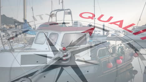 animation of compass with arrow pointing to quality text over boat in harbour