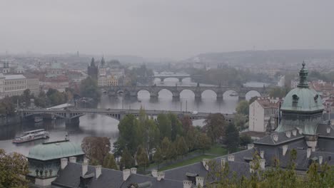 Wide-shot-of-bridges-in-Prague-on-a-foggy-day