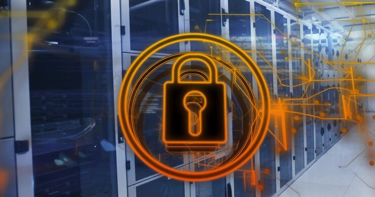 Data center corridor displaying glowing padlock icon hovering over server racks with network cables
