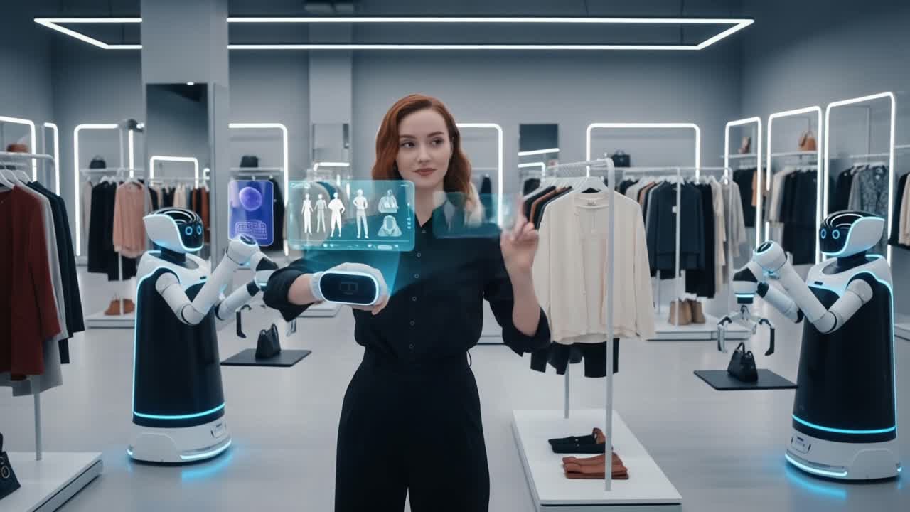Innovative Fashion Technology: A Woman Engages with Intelligent Robots in a Modern Retail Environment, Demonstrating Interactive Clothing Selection and Personalized Recommendations
