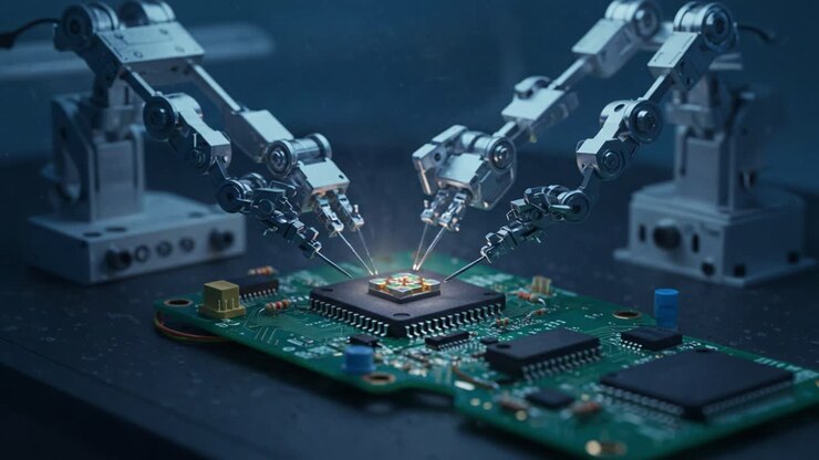 Avanceret robotpræcision inden for elektronik: Dobbelte robotarme manipulerer dygtigt mikrochip-samlinger på en højteknologisk printplade i et innovativt laboratoriemiljø