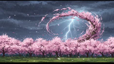 A breathtaking scene depicting a swirling storm amidst pink cherry blossom trees, where lightning strikes create an intense contrast against a dramatic sky filled with grey clouds