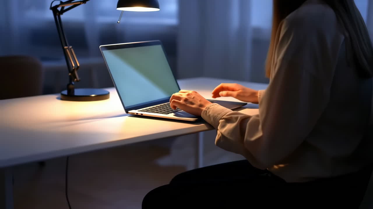 Person working on a laptop at a desk in a dark room at night