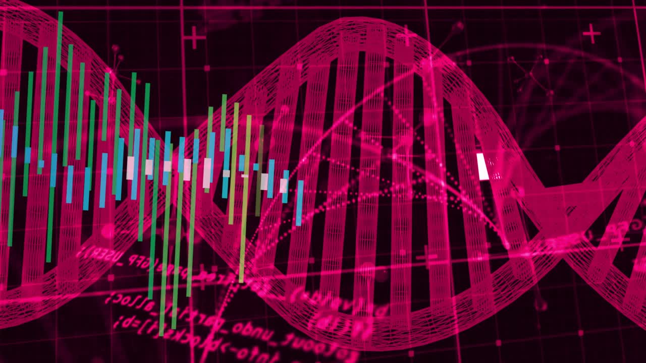 Left data bars appearing and rising, magenta helix shifting and waving, showing data trends
