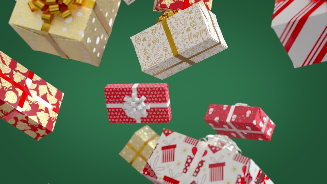 Falling New Year Presents on Green Background