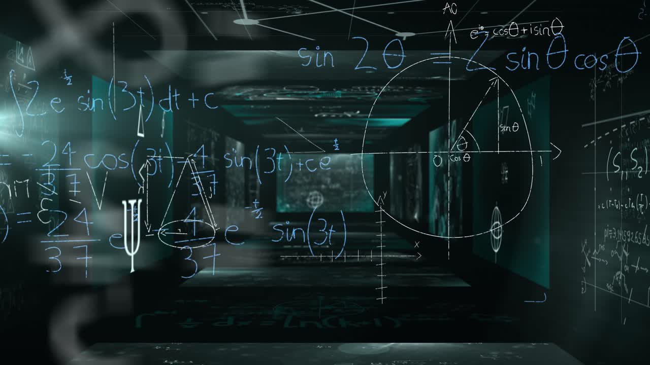 Animation of data processing and mathematical equations over screens