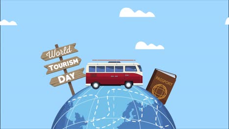 world tourism day lettering in arrows signal with van