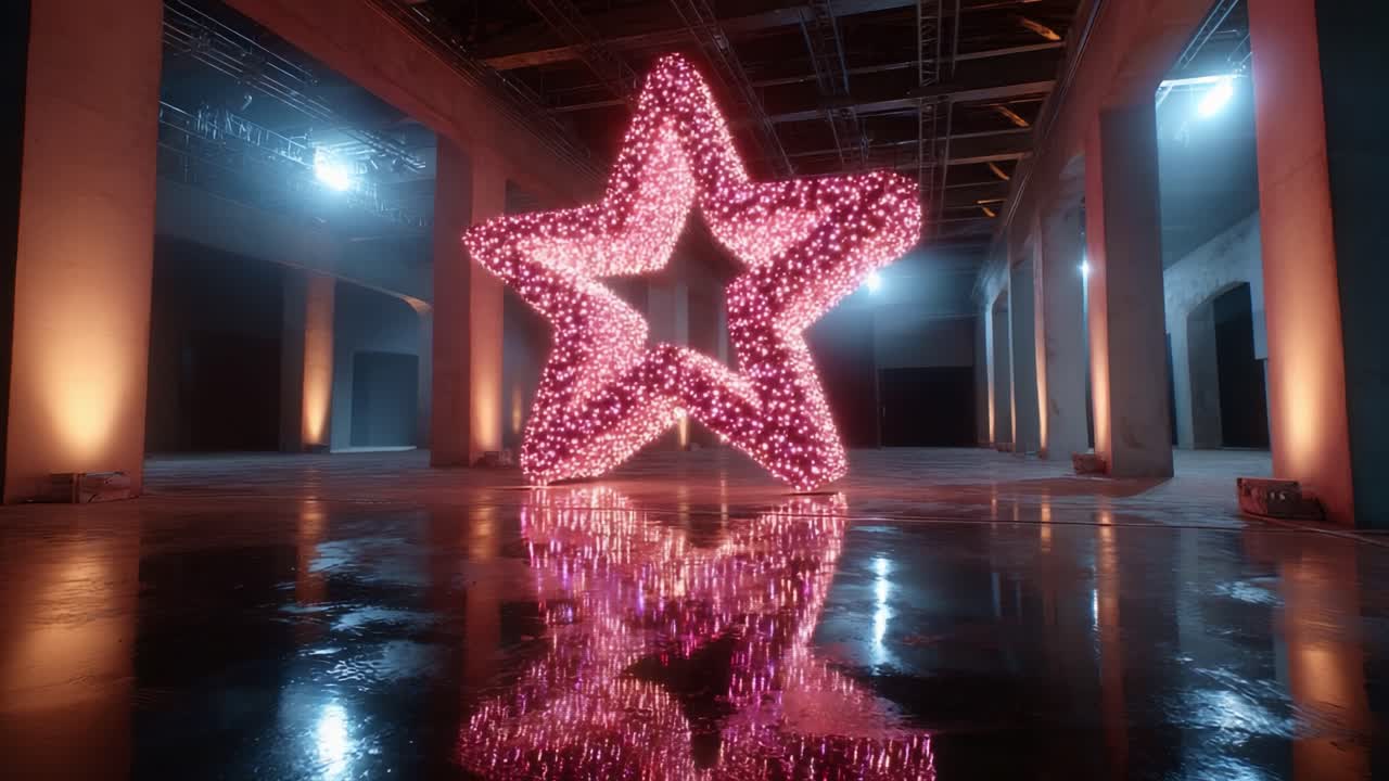 A Dazzling Star Shape Illuminated by Vibrant Pink Lights Reflects Beautifully on a Gleaming Floor in an Urban Space, Creating a Captivating Visual Experience with a Unique Artistic Design