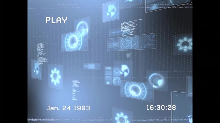 VHS-style overlay appearing triggers interface panels sliding and fading to reveal data dashboard