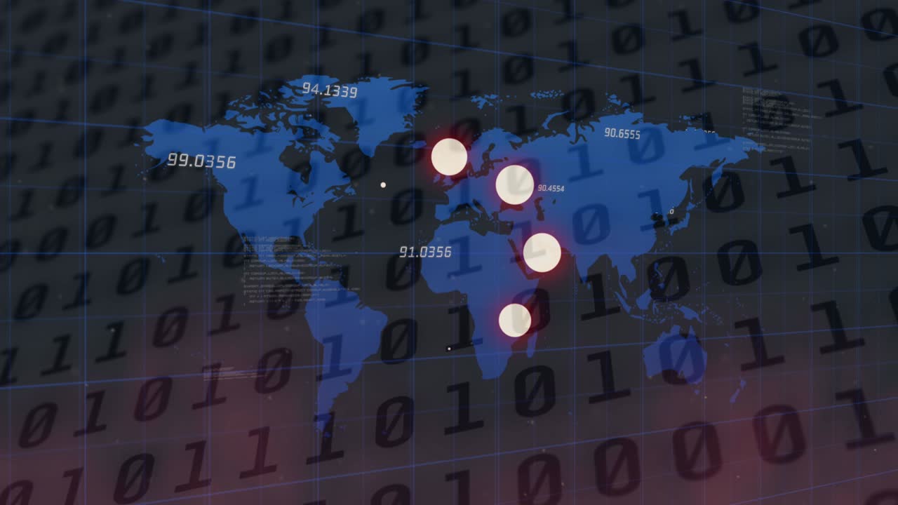 animación de círculos de carga iconos y codificación binaria, números que cambian en el mapa del mundo