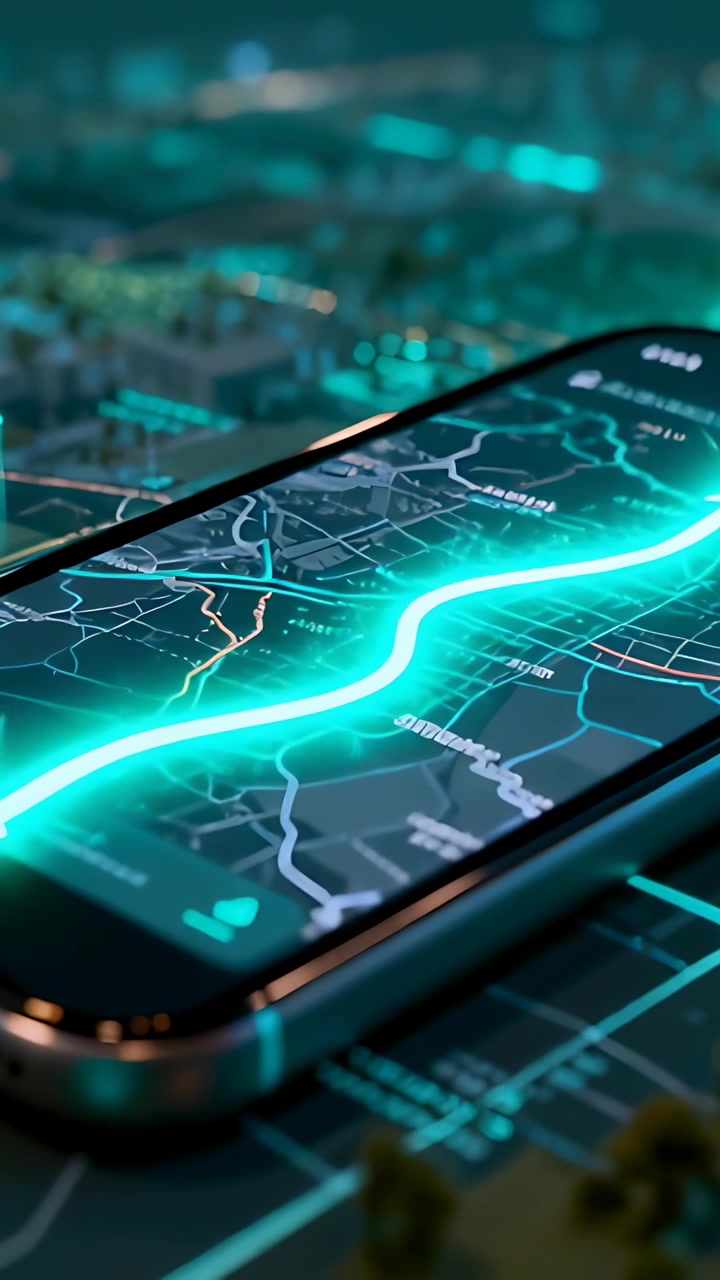 Vertical video: Receiving update, smartphone pulsing neon route on demo table, lighting 3D model