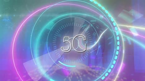 5g text over glowing tunnel against 3d city model