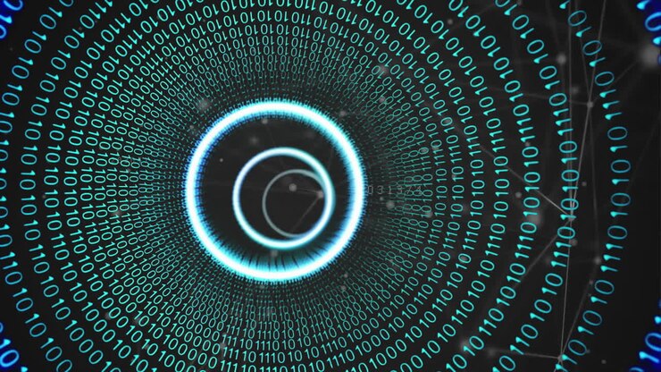 Animation of data processing and binary coding on dark background