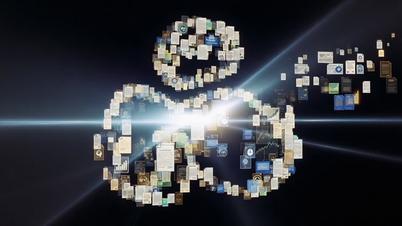 Dynamic Visualization of Information Flow and Data Processing Represented by Floating Documents and Graphical Elements in a Bright, Abstract Composition