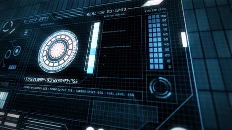 Visualización-3D-HUD-De-Un-Panel-De-Control-Del-Reactor-Con-La-Cámara-De-Cerca-Recorriendo-Lentamente-El-HUD,-Mostrando-El-Estado-Del-Reactor,-Datos,-Dígitos,-Barras-Circulares-Giratorias,-Elementos-Ecualizadores,-Todo-En-Iluminación-3D