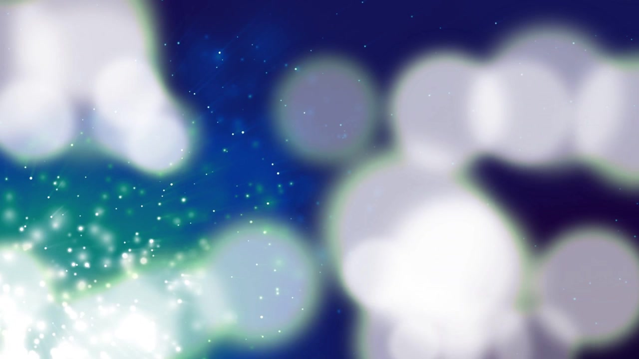 Ao iniciar, um aglomerado azul-petróleo pulsando e emitindo estrelas como orbes bokeh flutuantes, formando um plano de fundo de tela.