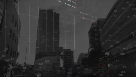 animation of network of connections and data processing over cityscape