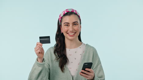 portrait, phone and credit card with a woman