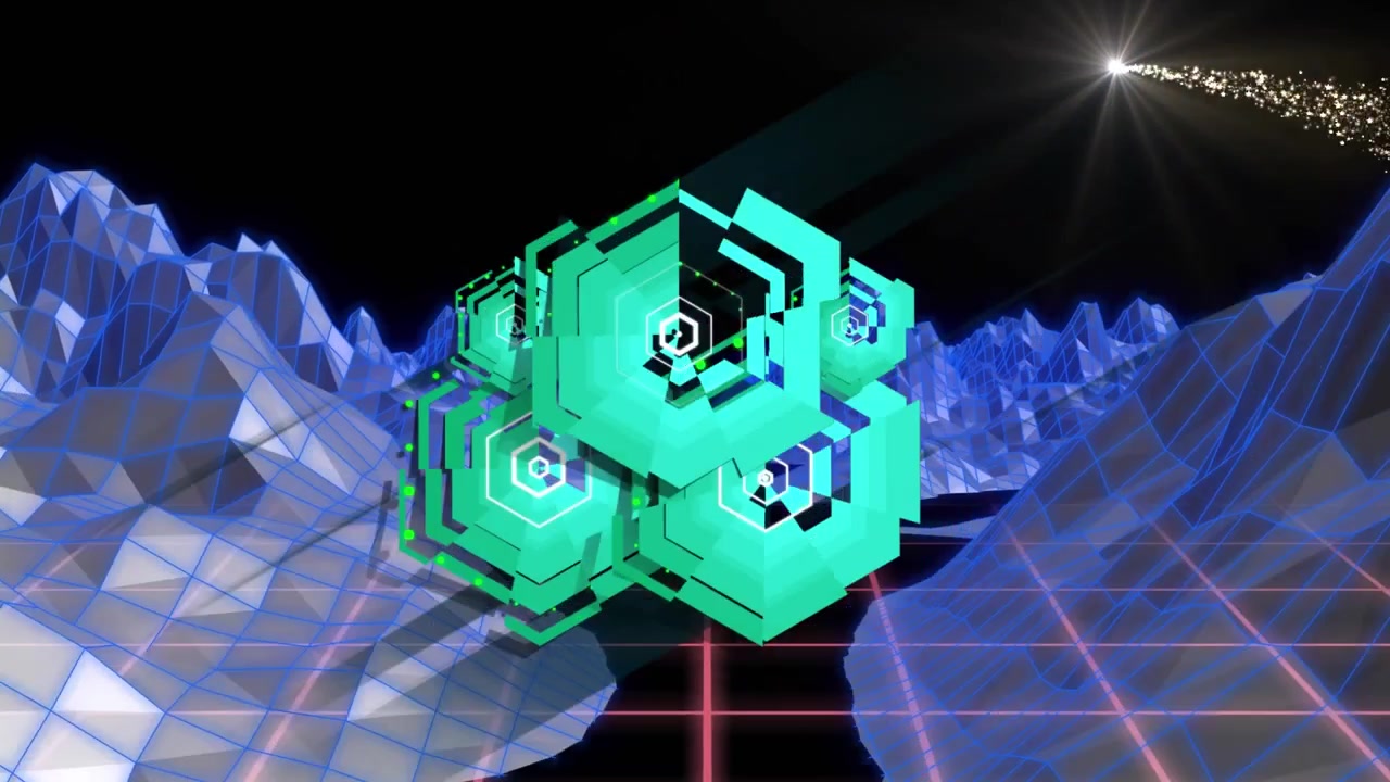 Retrowave Digital Landscape with Wireframe Mountains, Grid, and Animated Abstract Elements