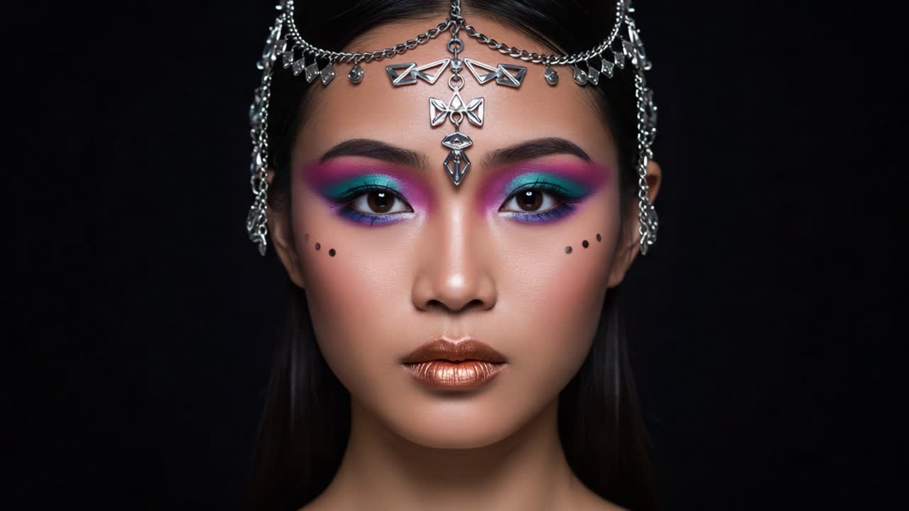 Splendido ritratto di una modella che mette in mostra un make-up artistico con colori vivaci e accessori dal design elegante su uno sfondo scuro.