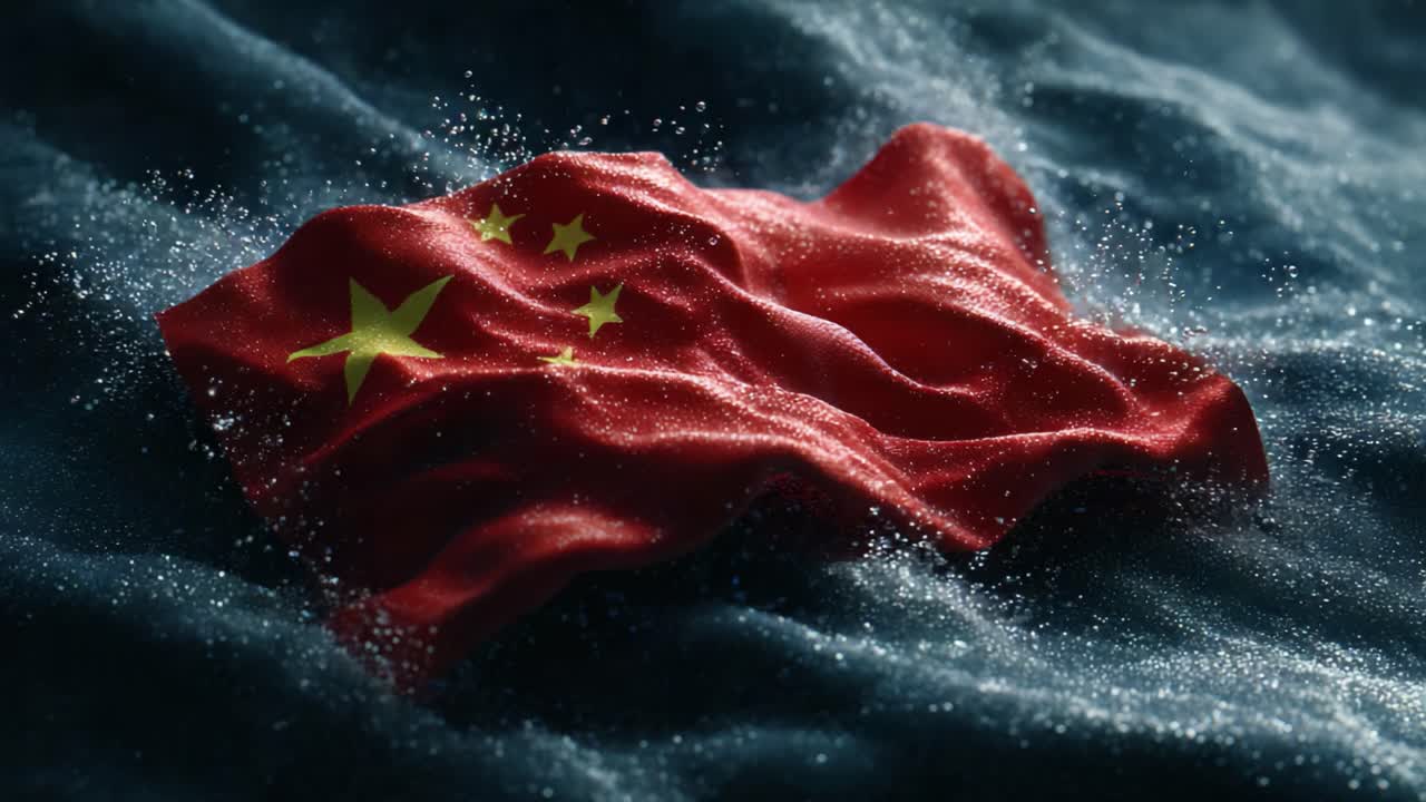 A Dramatic Close-Up of a Crumpled Flag Displaying Vivid Red and Golden Stars, Submerged in Dark Waters, Captivating an Essence of National Pride and Identity