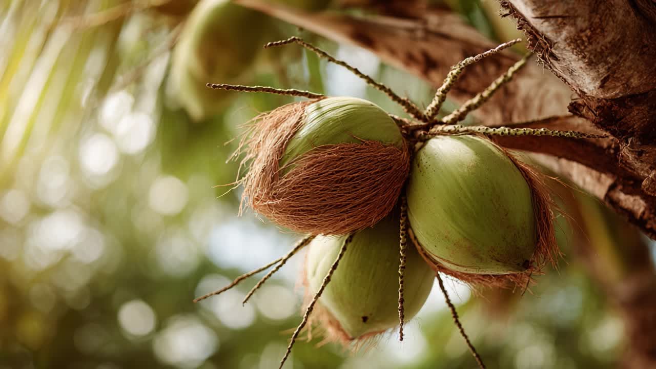 Close-up of Green Coconut Clusters on Tree Branch Amidst Lush Greenery, Showcasing the Natural Beauty and Freshness of Tropical Fruits in Their Natural Habitat
