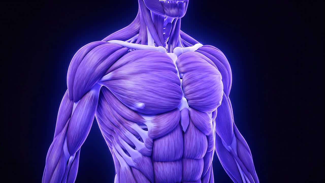 Vista posterior del sistema muscular humano destacando las fibras y la estructura muscular en una visualización anatómica educativa detallada.