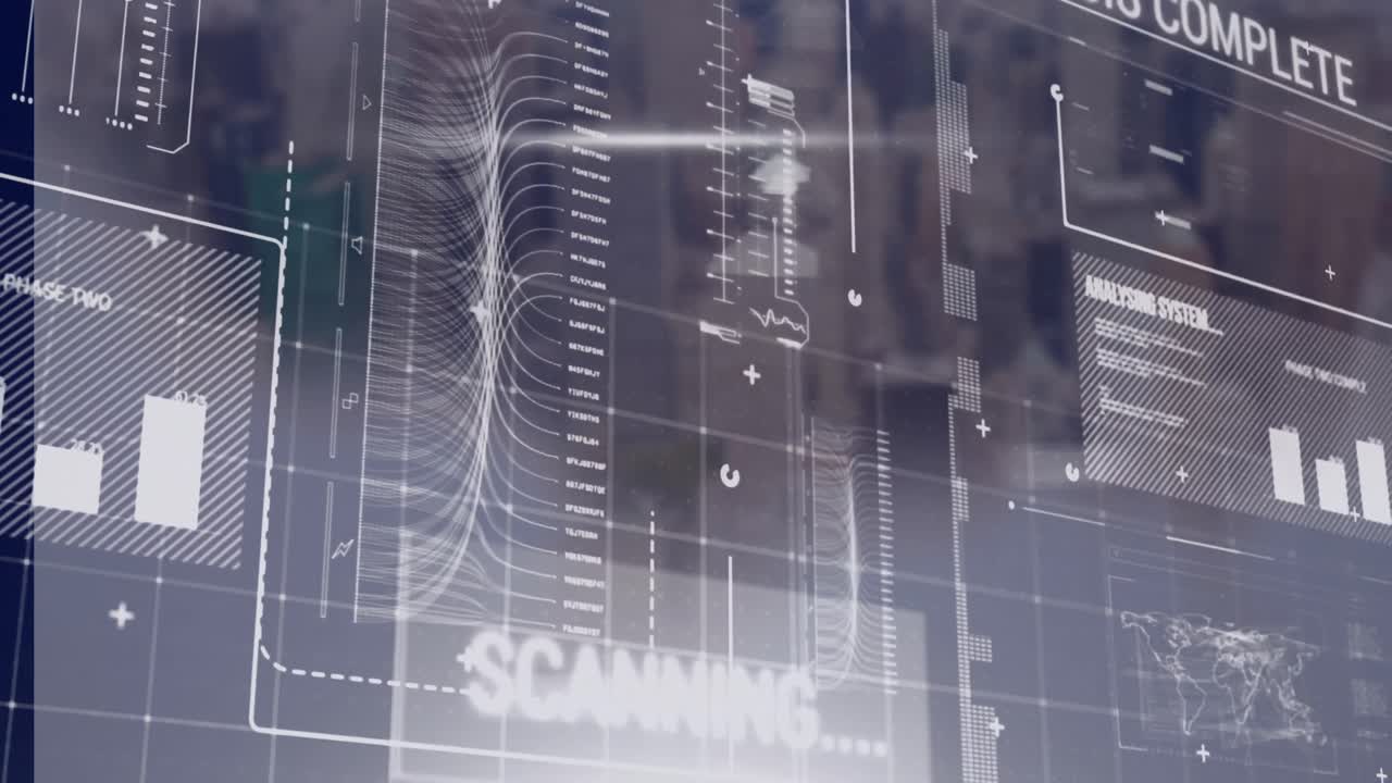 animazione dell'interfaccia con l'elaborazione dei dati rispetto alla vista aerea del paesaggio urbano