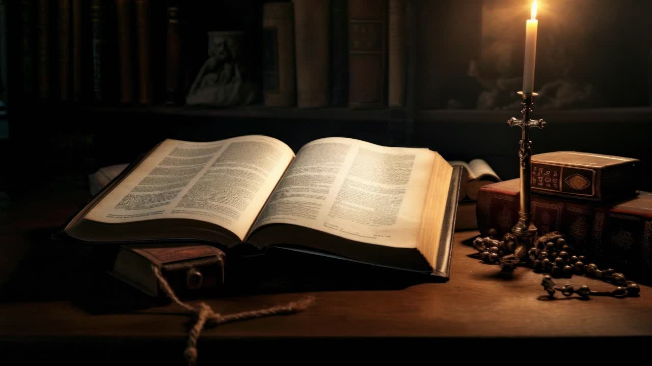 A dimly lit video scene captures an open book on a wooden table, with a candle casting shadows