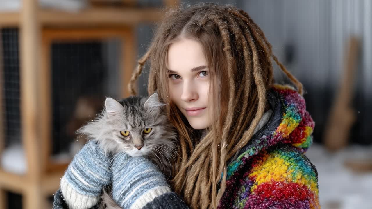 A Young Woman with Dreadlocks Embracing a Fluffy Cat Amidst a Cozy Winter Setting, Showcasing Their Unique Bond and Warmth in a Whimsical Atmosphere