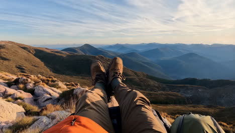 first-person view of relaxing on a mountain with a vast landscape