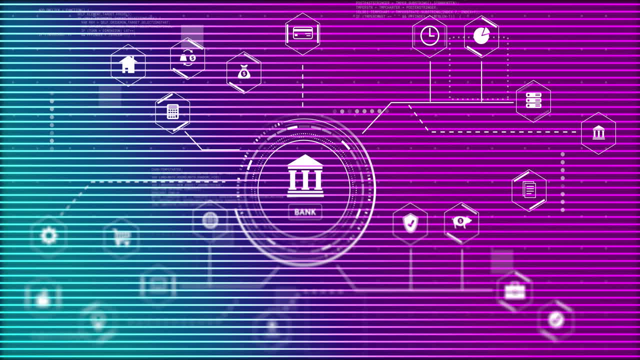 Animation of bank icon with digital network symbols on purple background
