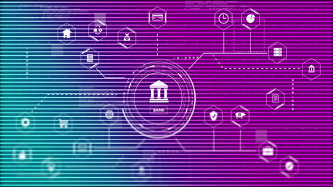 animation of bank icon with digital network symbols on purple background
