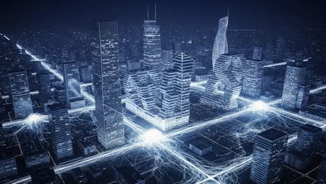 a futuristic cityscape illuminated by electric currents, showcasing skyscrapers and urban connectivity, under a starry night sky